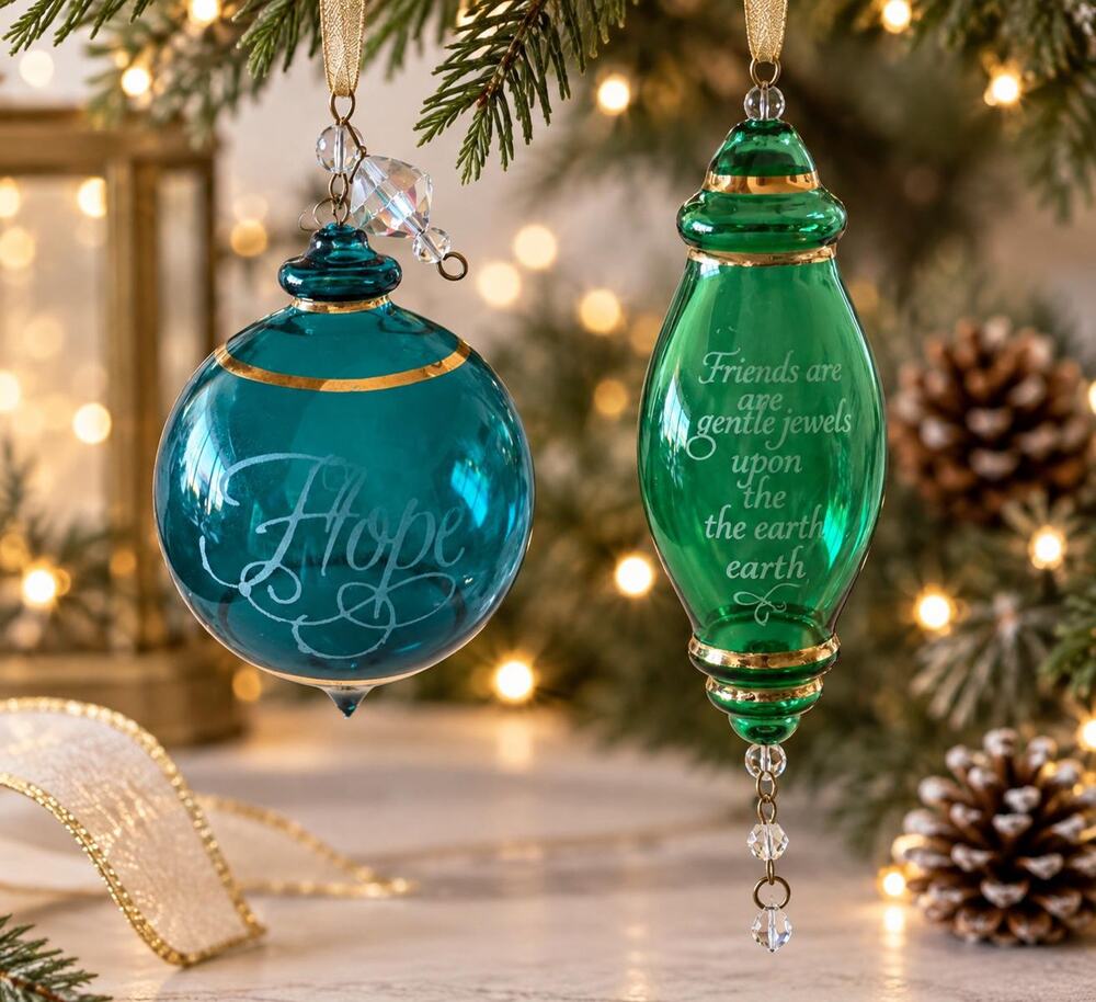Vintage Hallmark Glass Ornaments Set 2 Hope Friendship Teal Green Gold Christmas